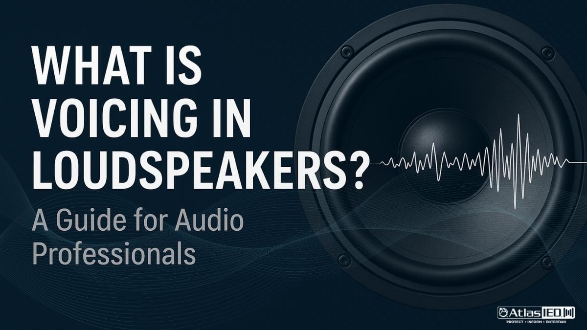 Dark-themed background with white text about loudspeaker voicing, featuring a large speaker and soundwave, aimed at audio professionals.